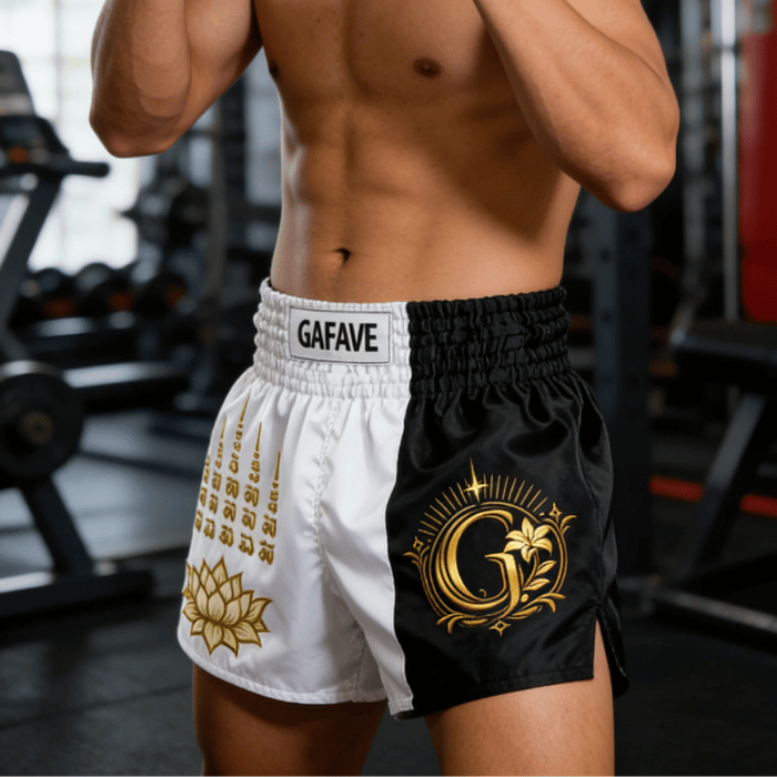 GAFAVE “White Lotus” Muay Thai Shorts – Black/White Signature